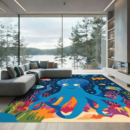 Blue Octopus And Colorful Fish Ocean Rug