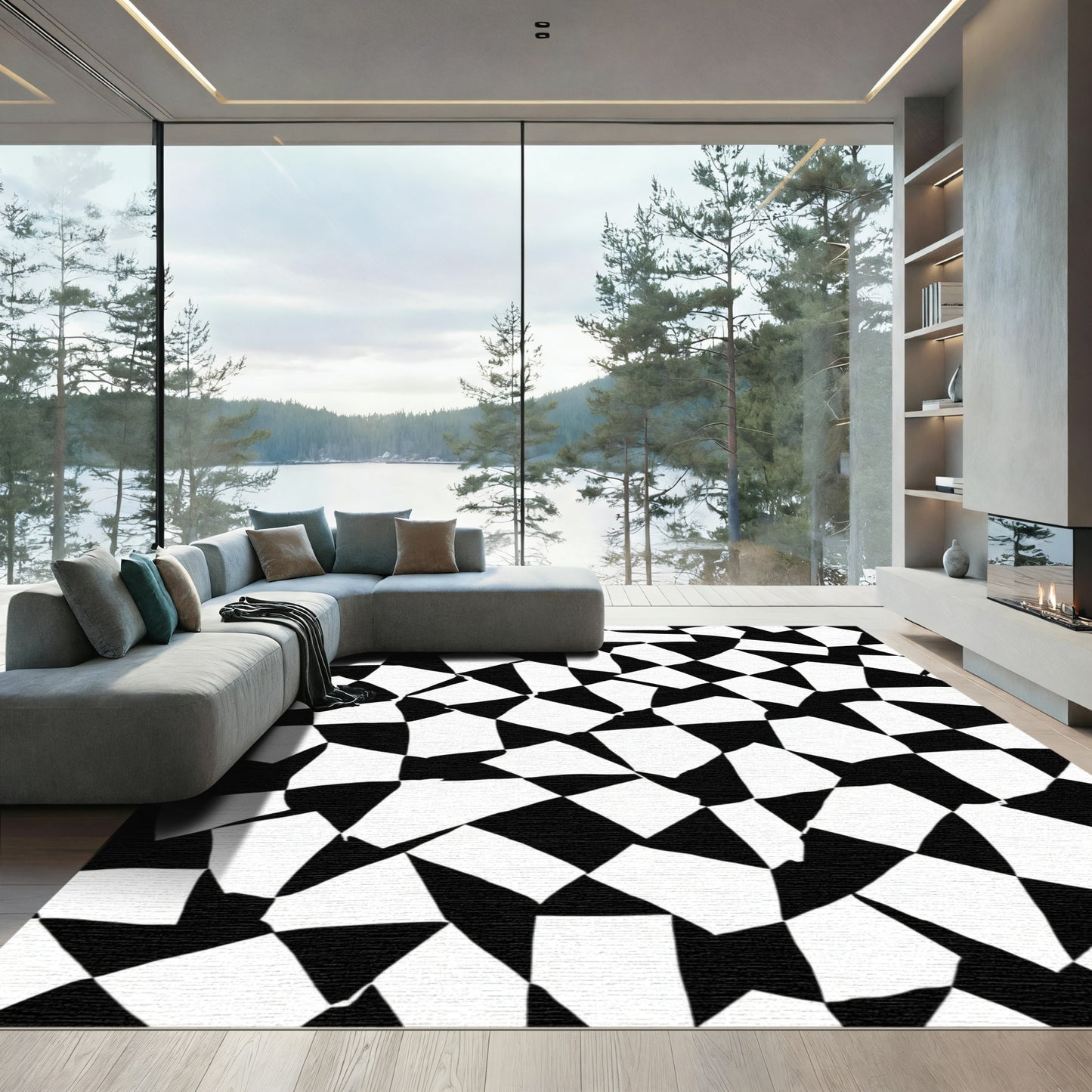 Distorted Black White Checkered Squares Rug