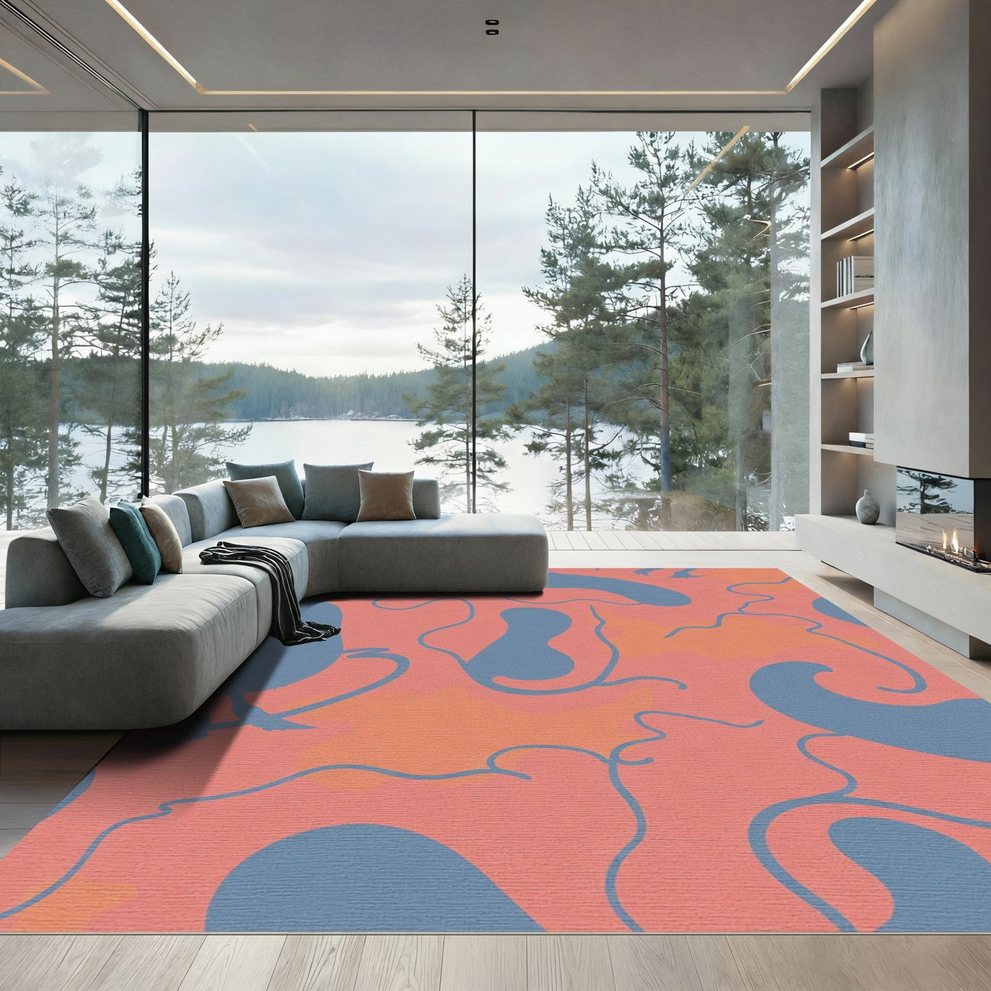 Coral Blue Abstract Organic Shapes Rug