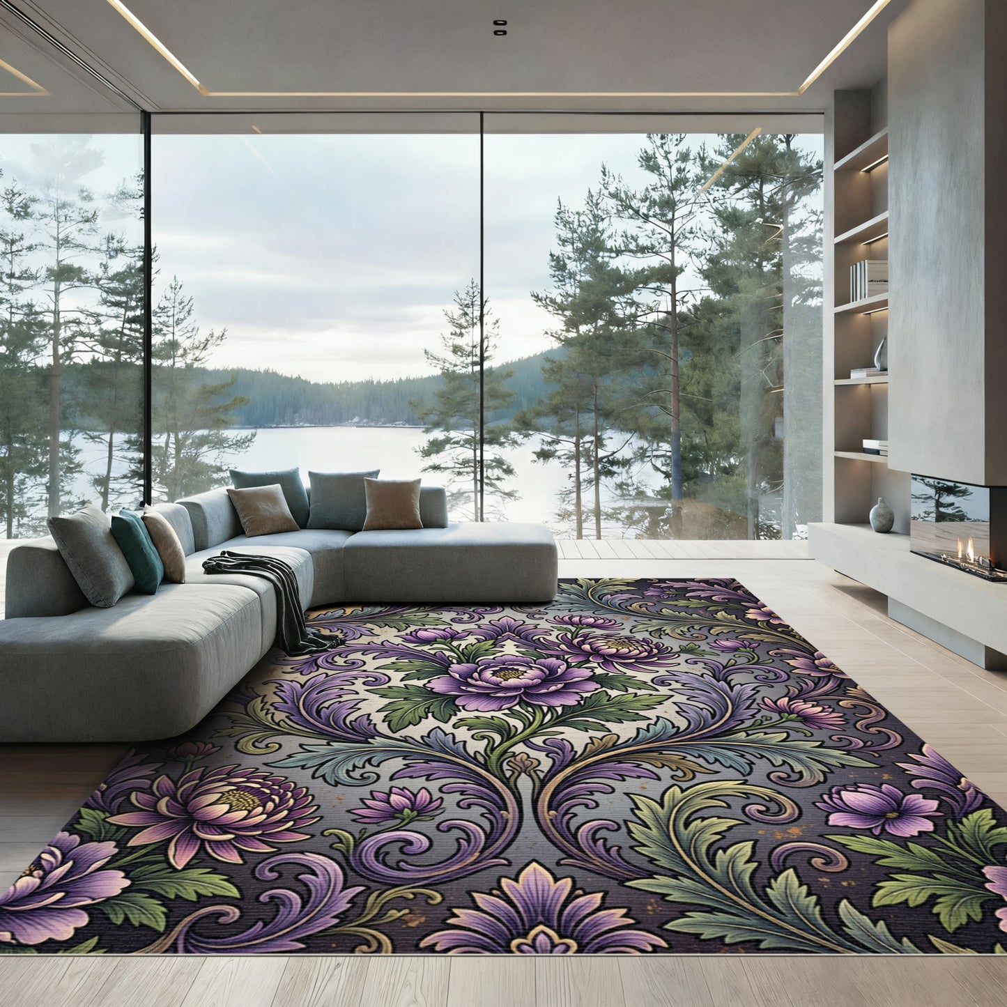 Elegant Purple Floral Damask Scroll Rug