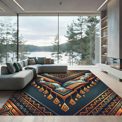 Geometric Waterfall V-Shape Copper Teal Illustration Rug