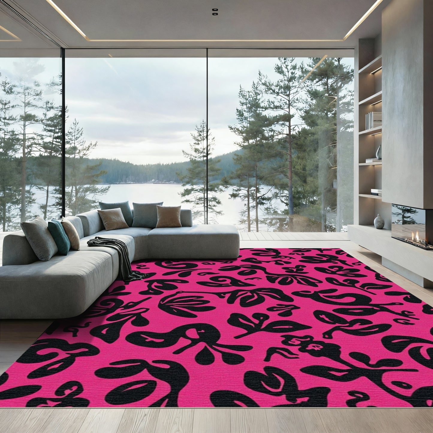 Hot Pink Black Abstract Botanicals Rug