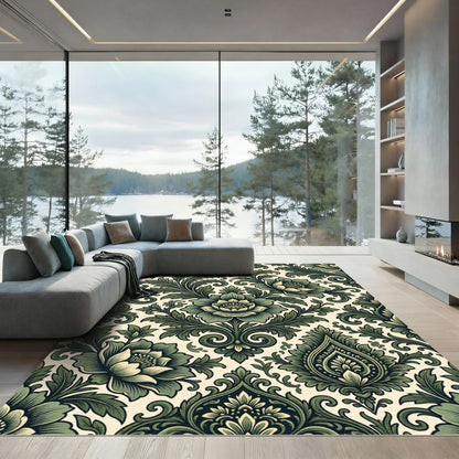 Elegant Forest Green Damask Floral Rug