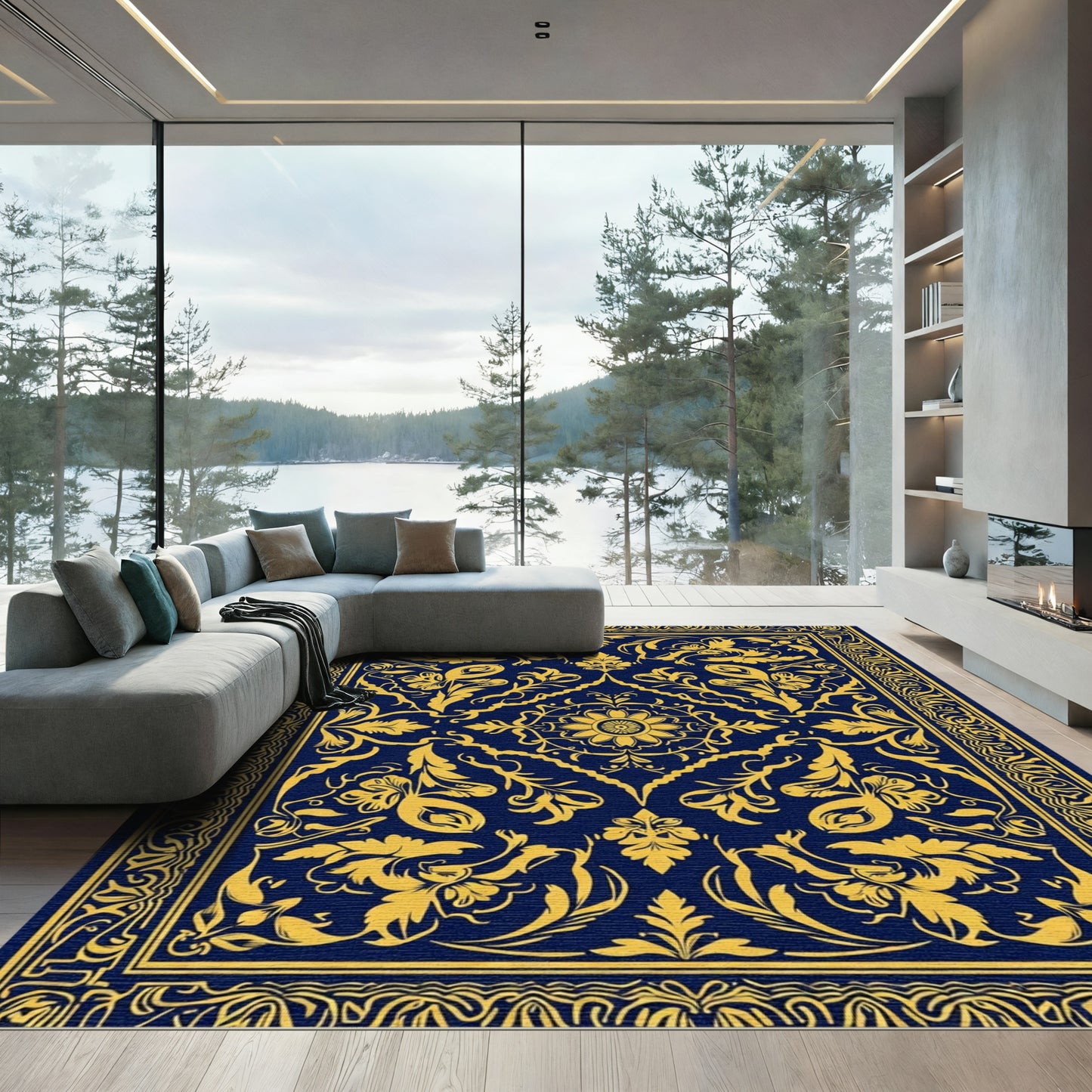 Golden Accents on Navy Floral Arrangement Rug