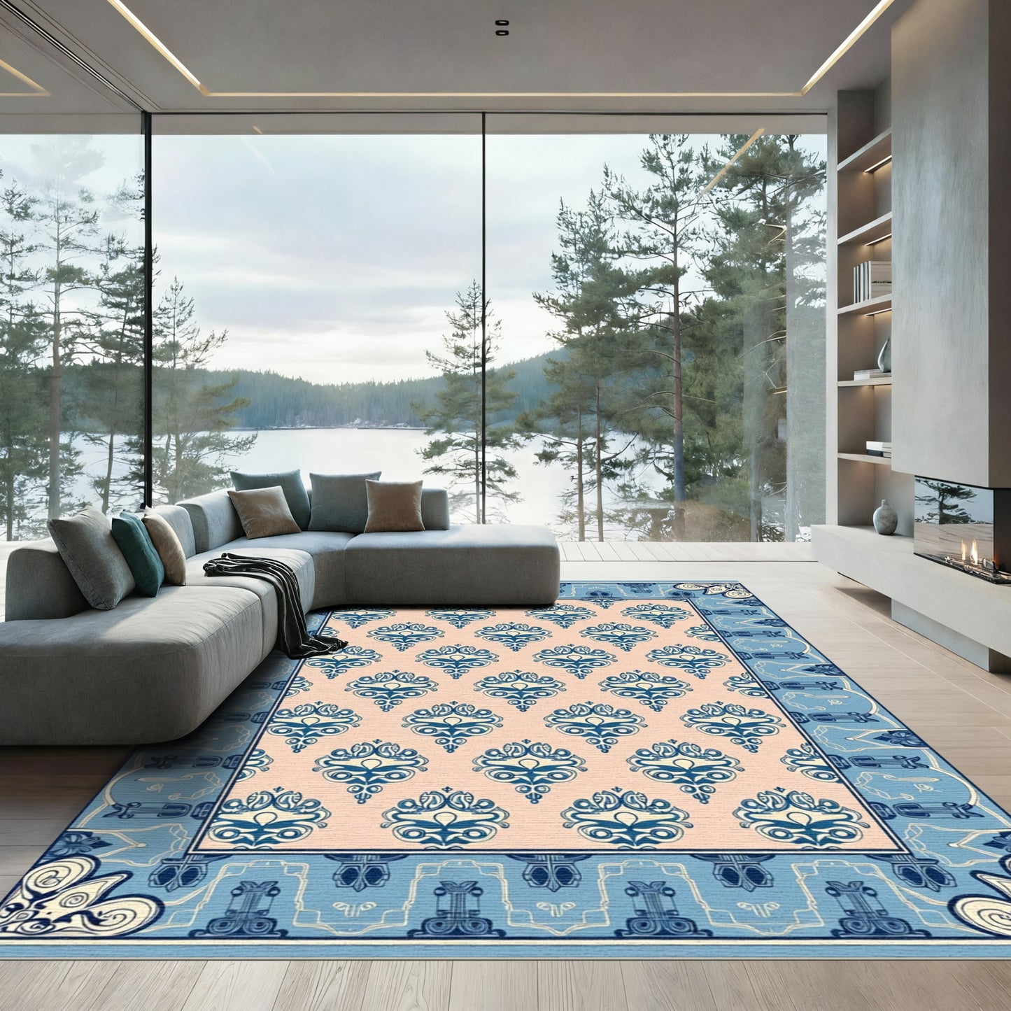 Coral Blue Classic Damask Medallion Rug