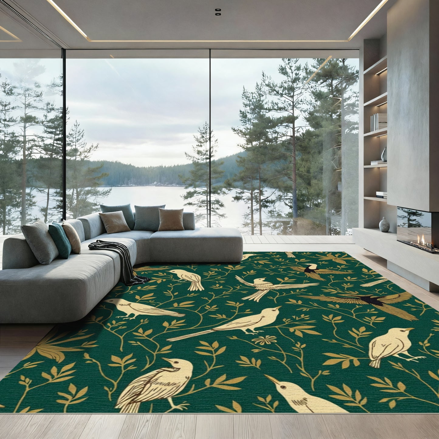 Emerald Green Golden Bird Art Rug