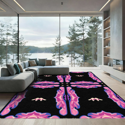 Vibrant Pink Black Floral Tile Rug