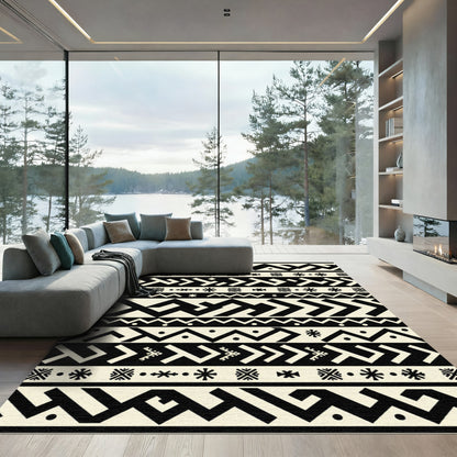 Bold Black Tribal Geometric Stripes Rug