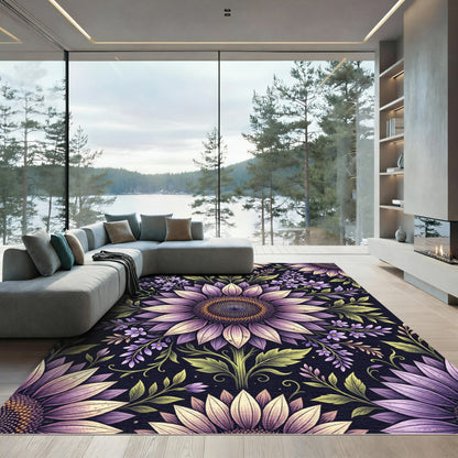 Purple Sunflower Botanical Floral Garden Rug