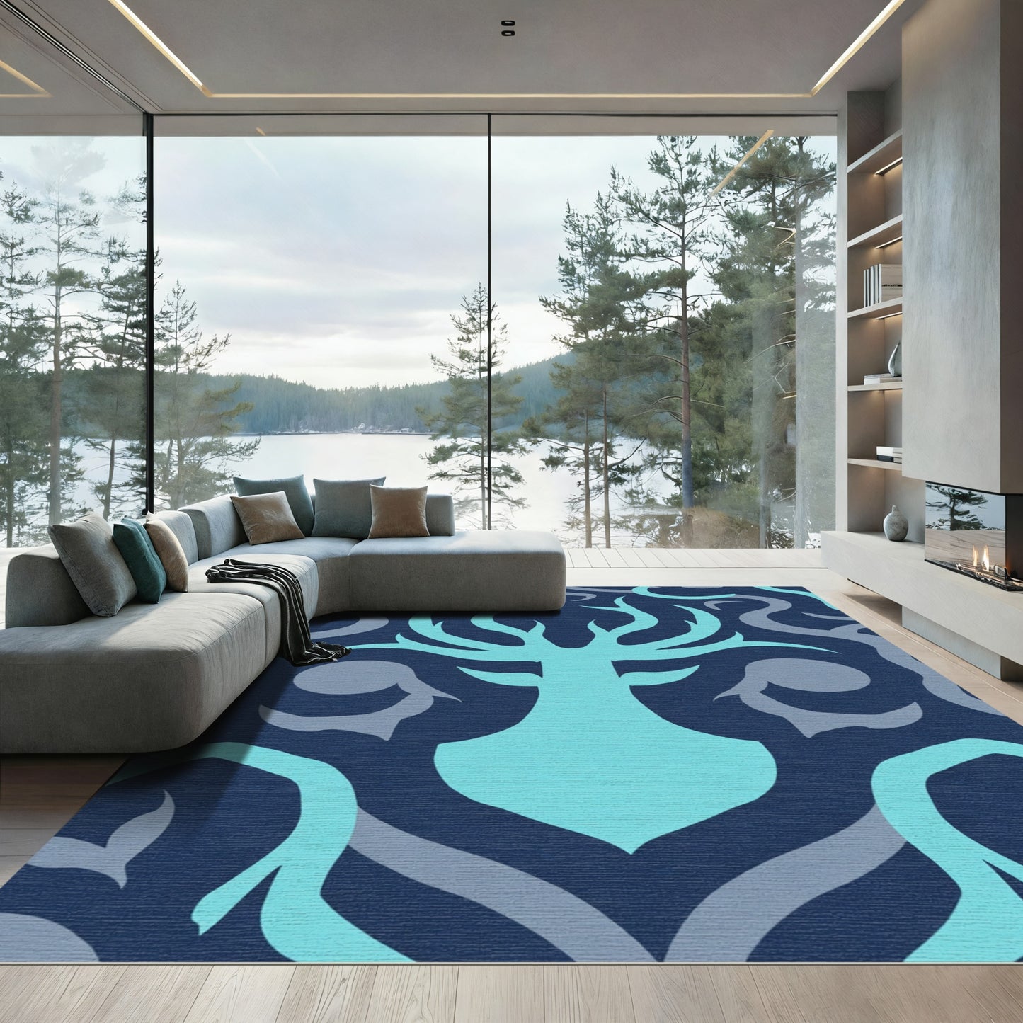 Blue Deer Antler Damask Rug