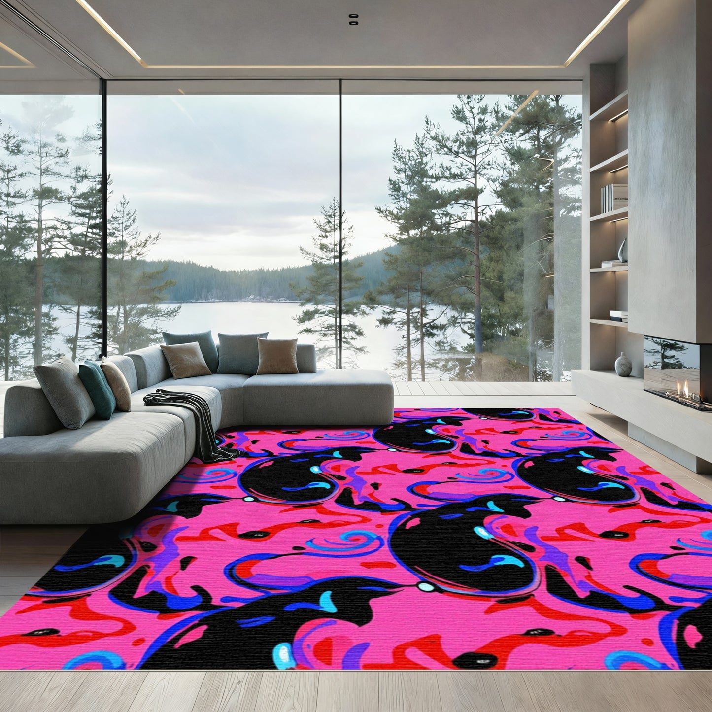 Vibrant Pink Black Swirl Abstract Rug