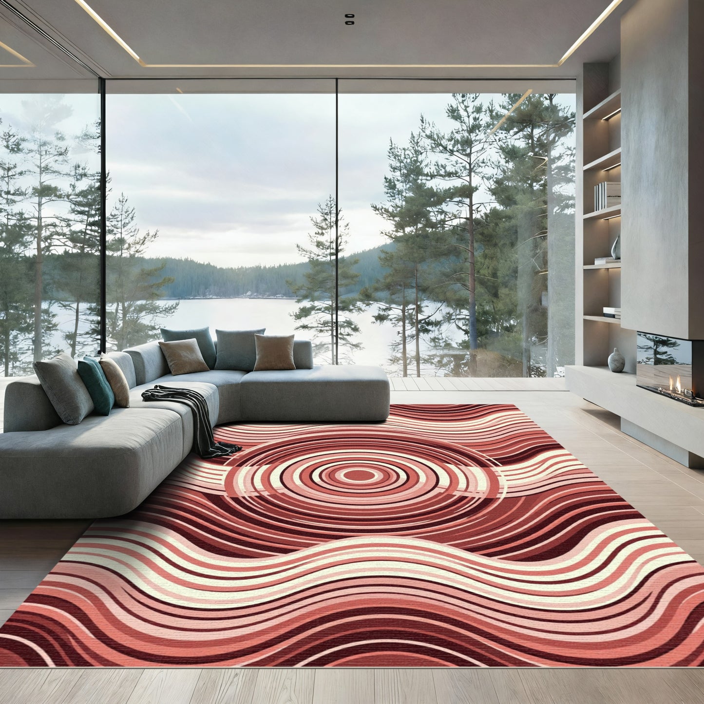 Terra Cotta Wavy Circular Abstract Art Rug