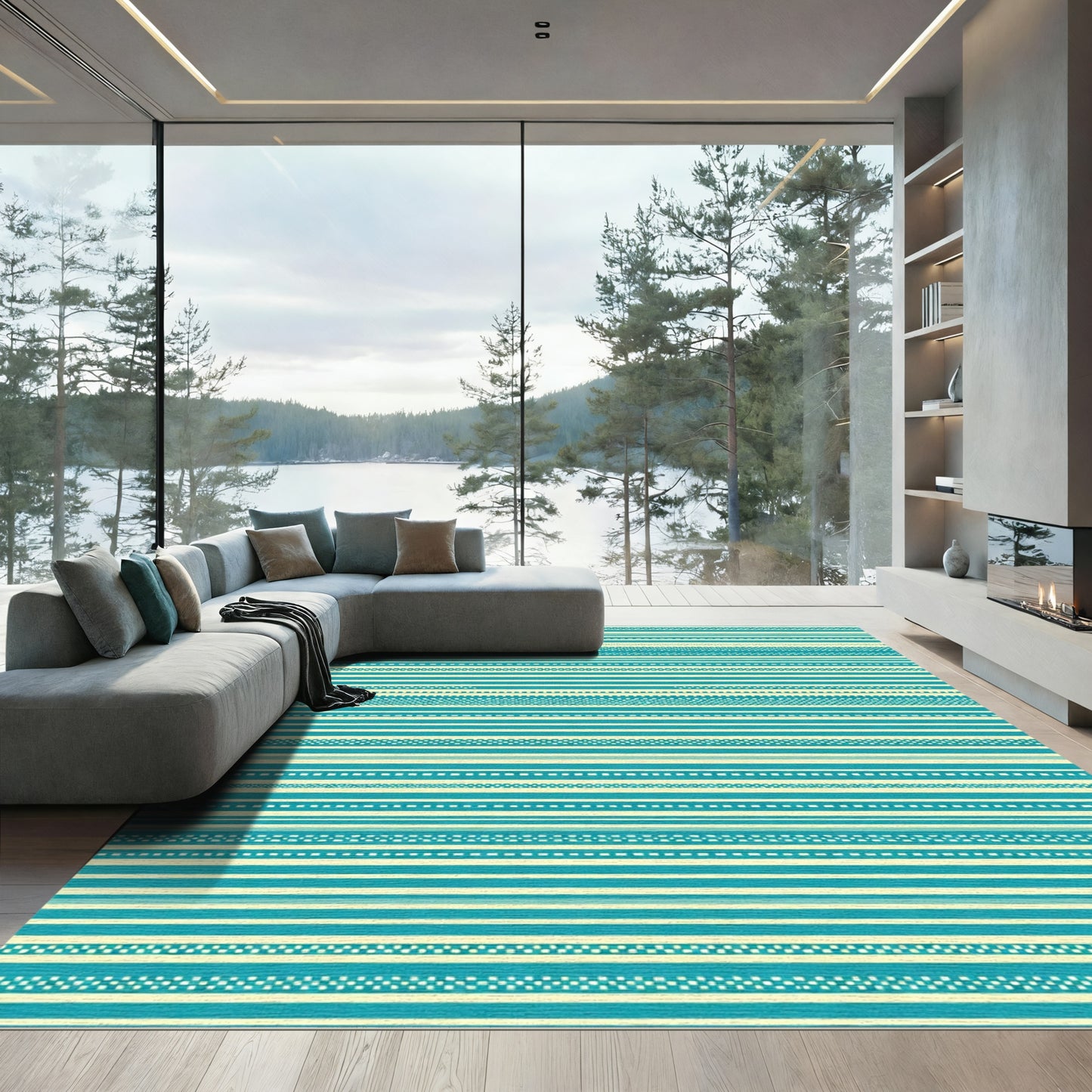 Turquoise Cream Horizontal Stripe Collection Rug