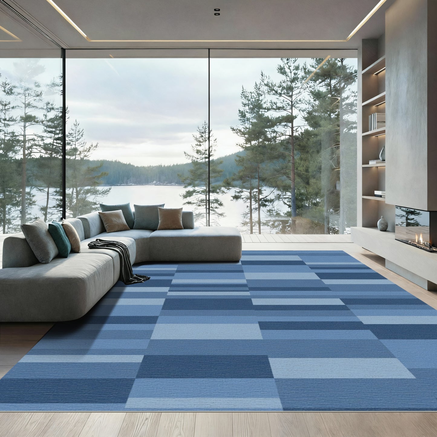 Vibrant Blue Geometric Stripe Composition Rug