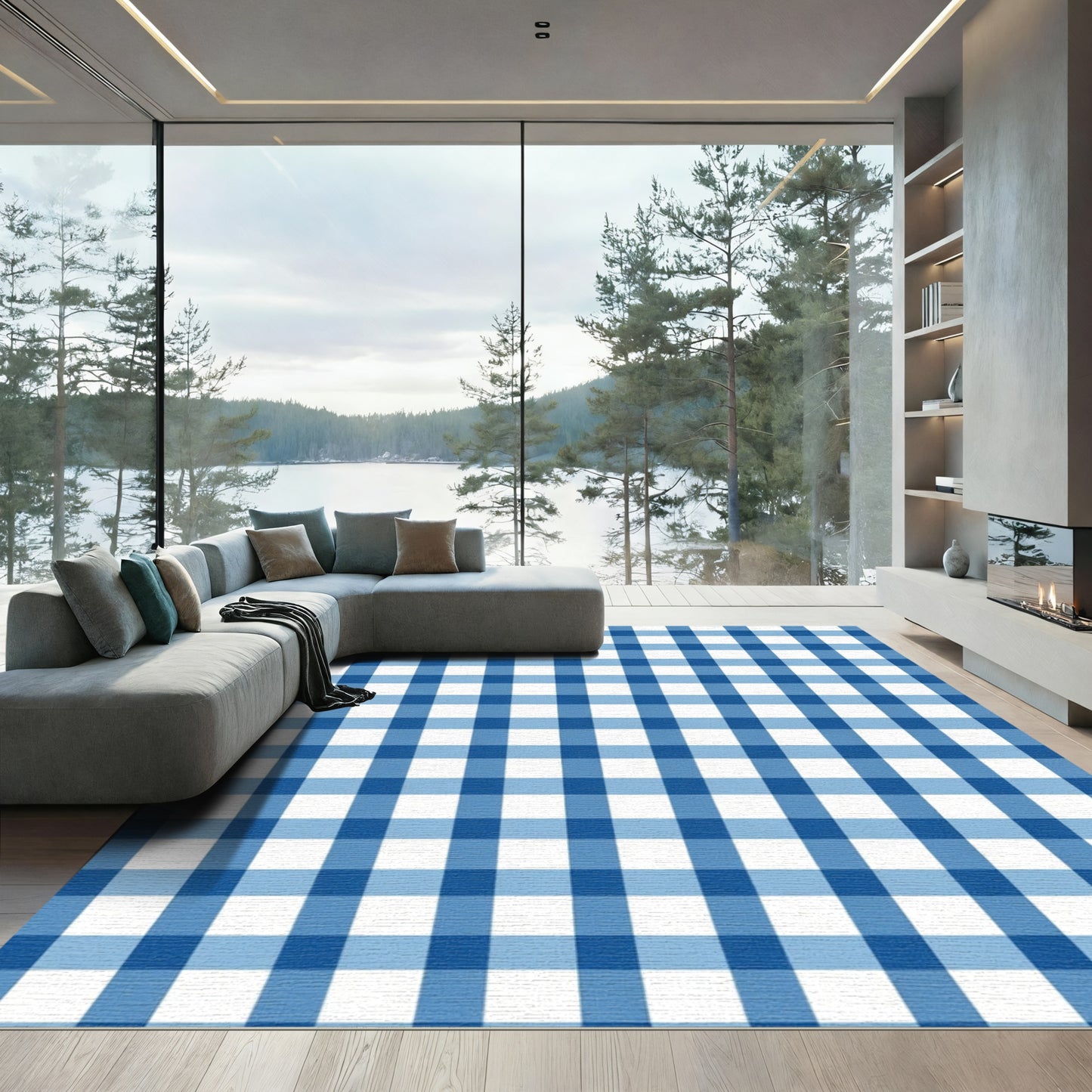 Bold Blue And White Plaid Composition Rug
