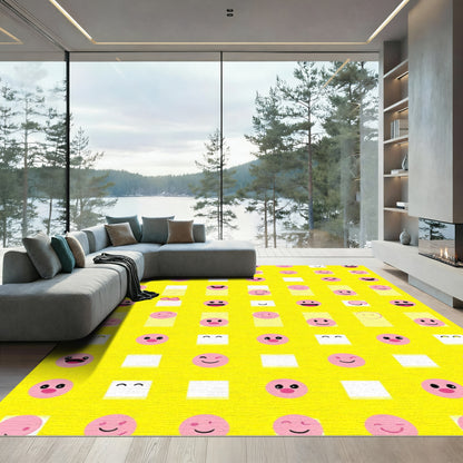 Whimsical Pink Smiley Faces Yellow Grid Rug