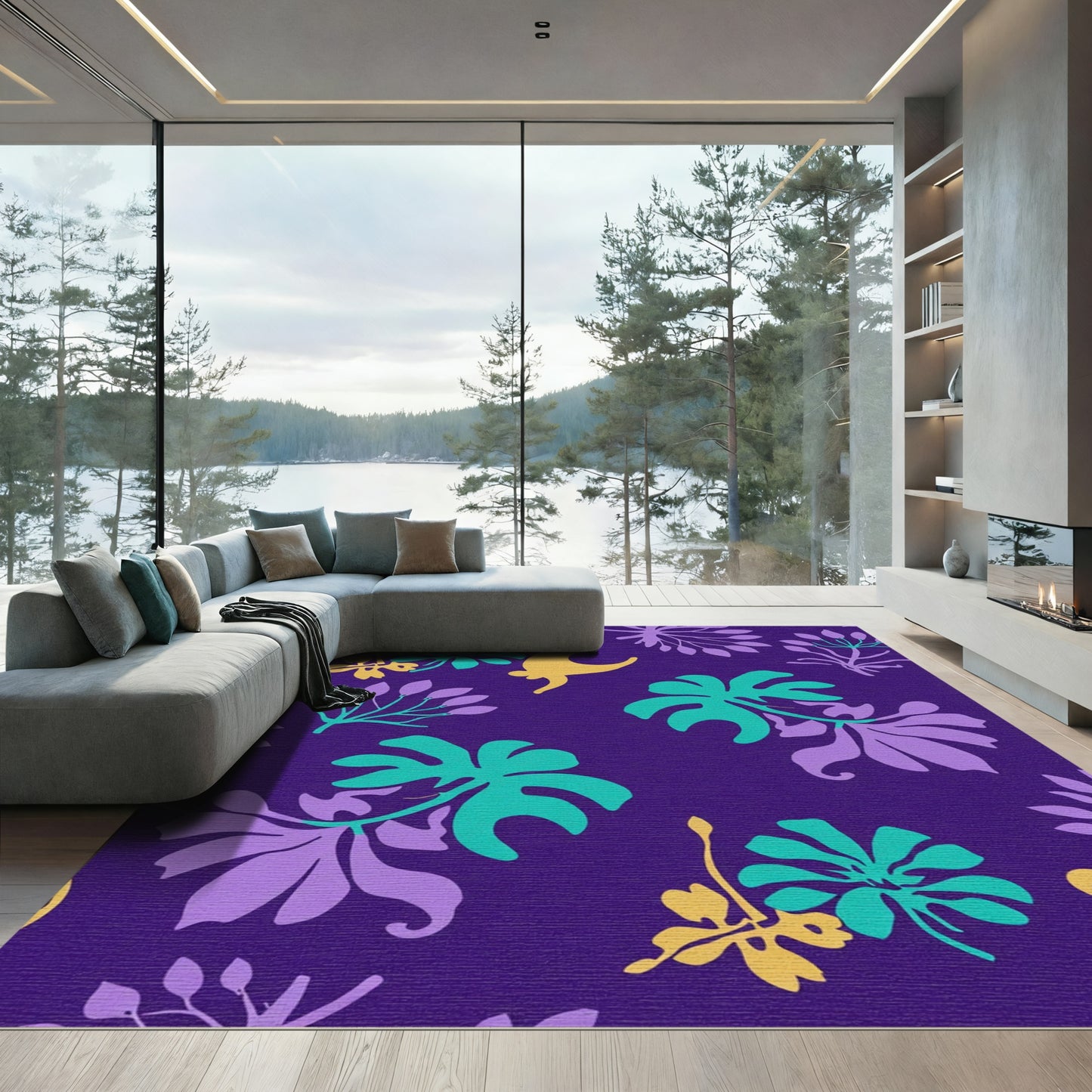 Tropical Purple Floral Botanical Scene Rug