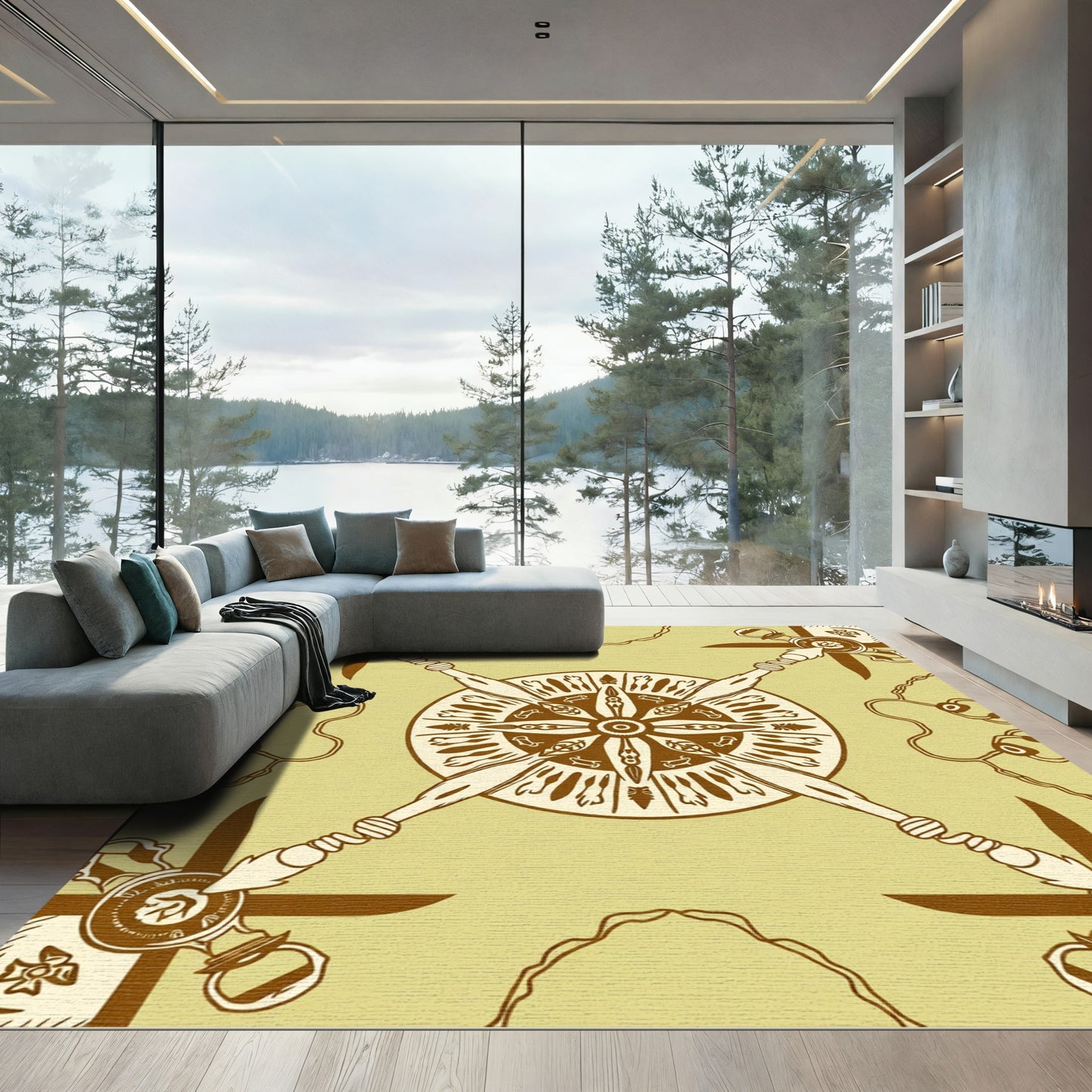 Earthy Yellow Brown Radial Sunburst Rug