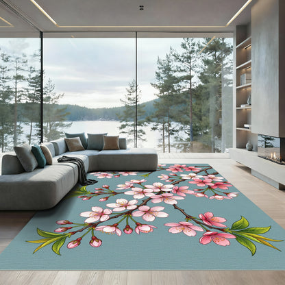 Pink Cherry Blossom Branches Teal Background Rug