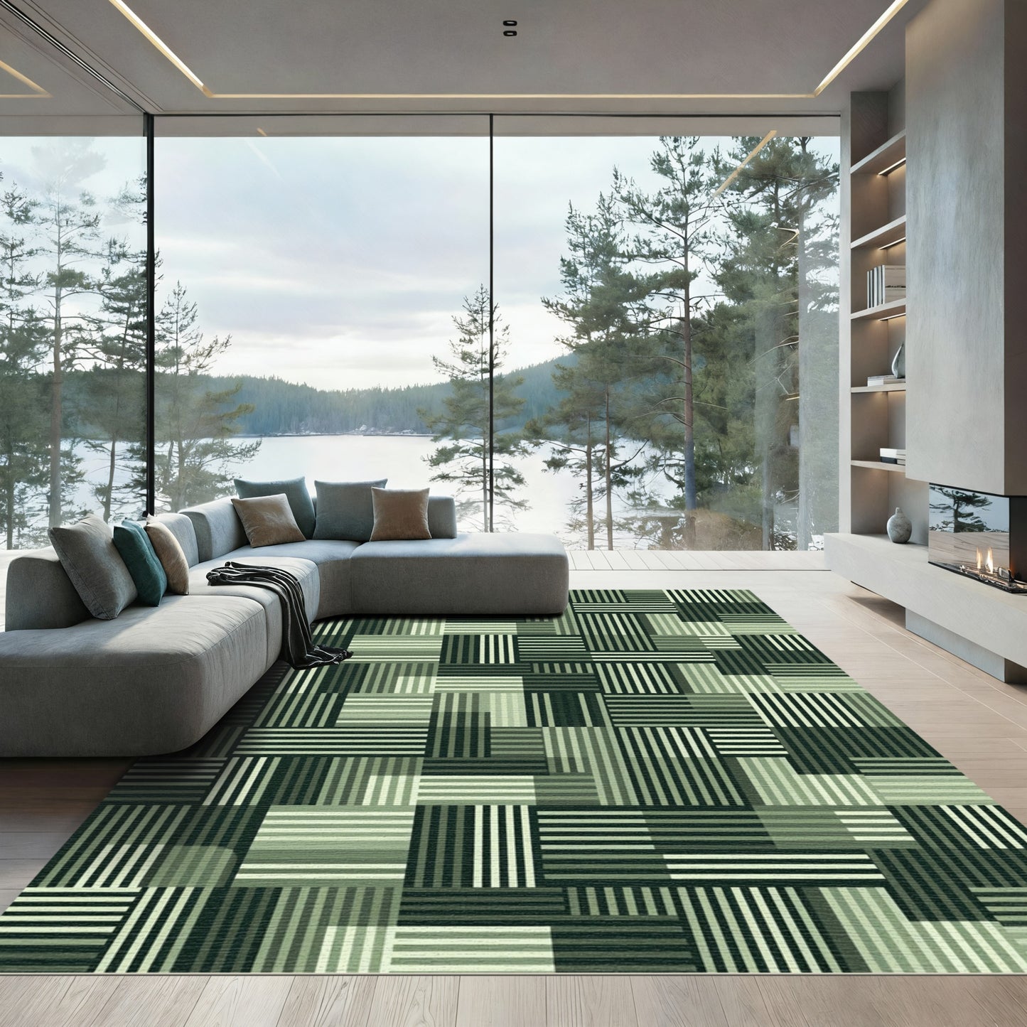 Modern Emerald Green Stripe Composition Rug