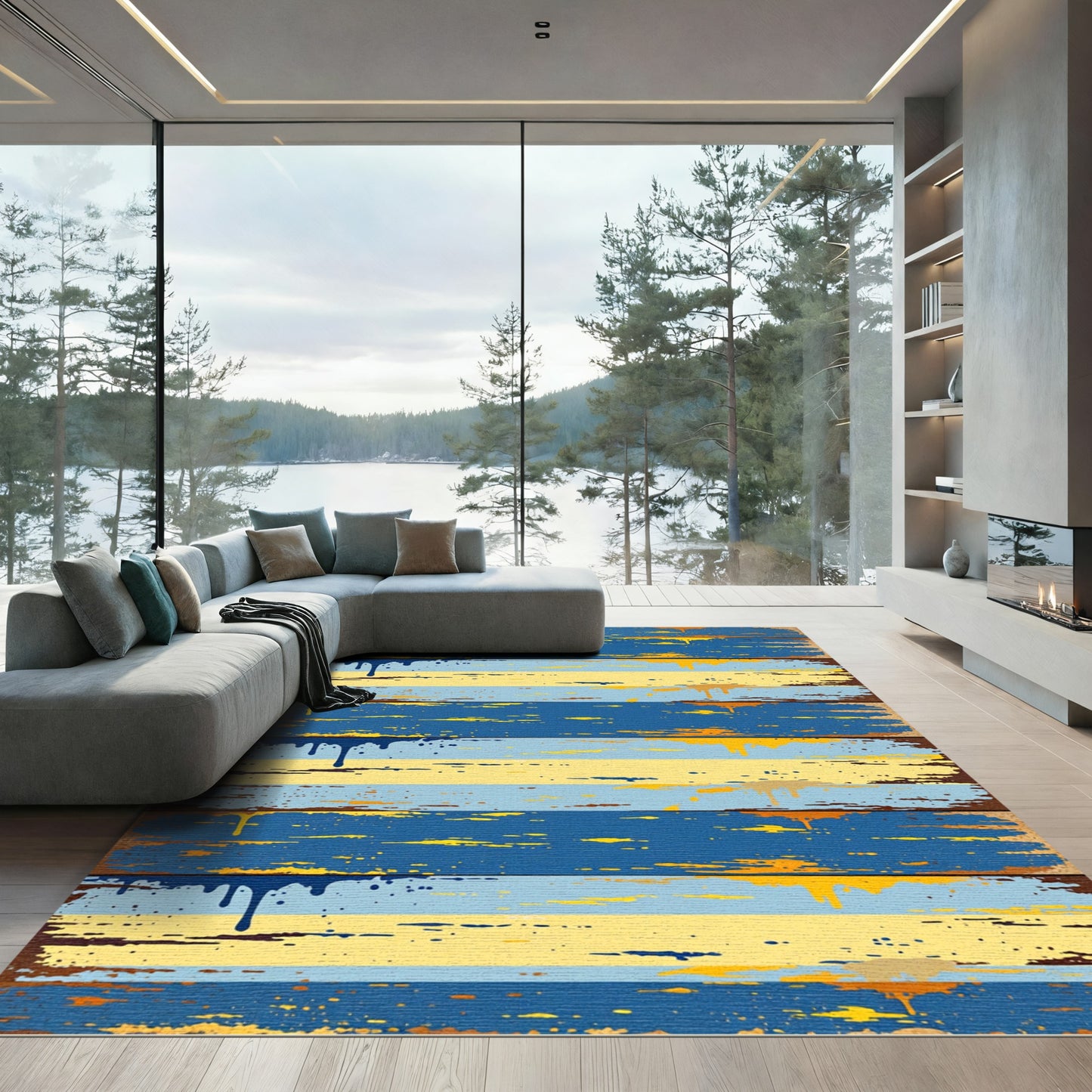 Distressed Coastal Blue Yellow Striped Worn Rug