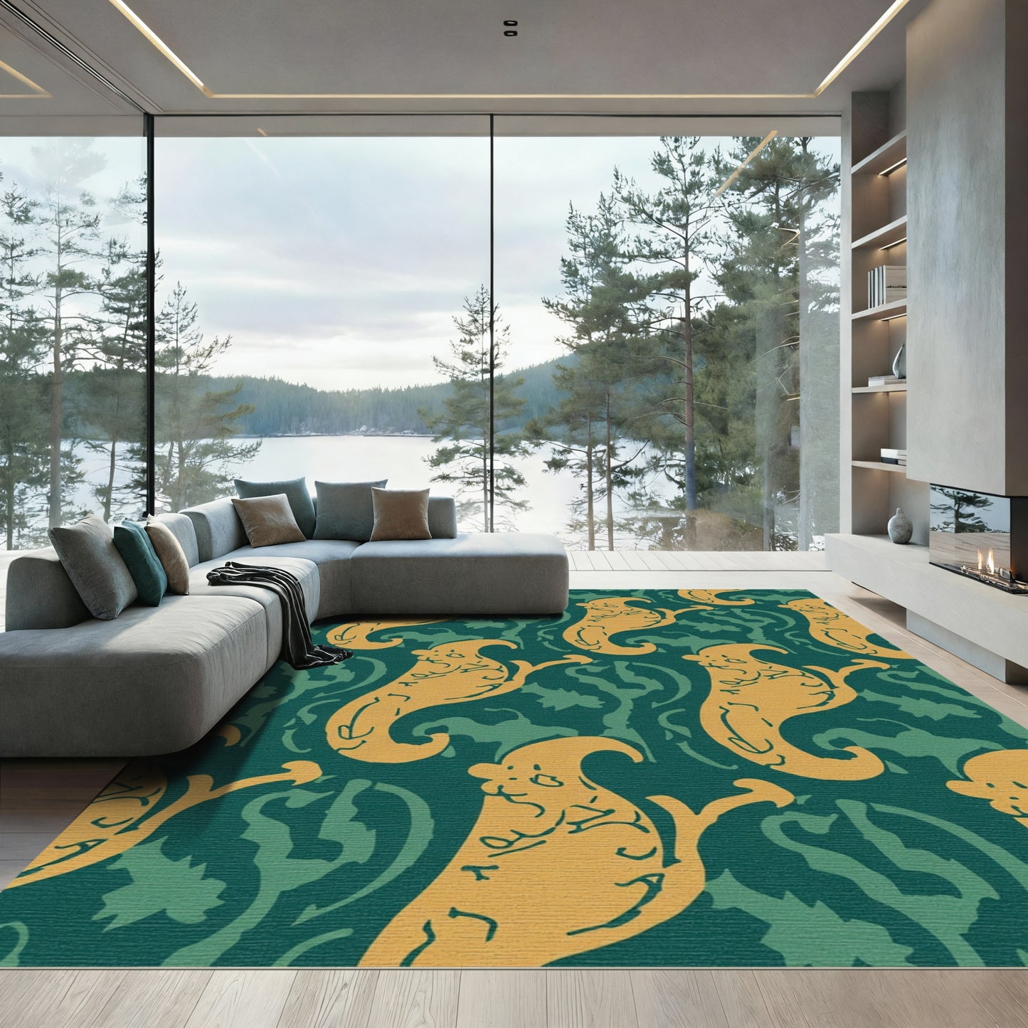 Golden Ghostly Figurines Teal Background Rug