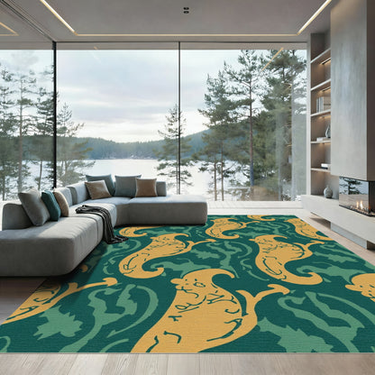 Golden Ghostly Figurines Teal Background Rug