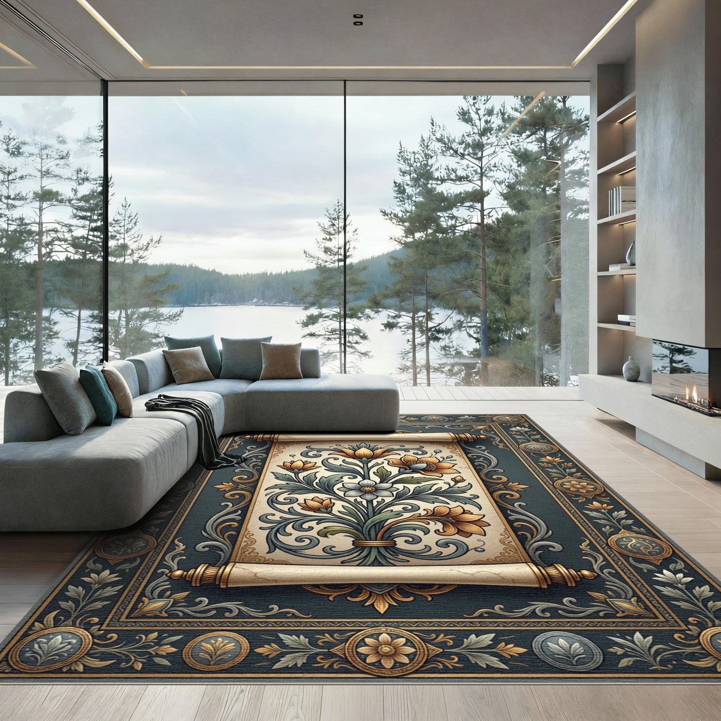 Ancient Floral Scroll Embossed Rug