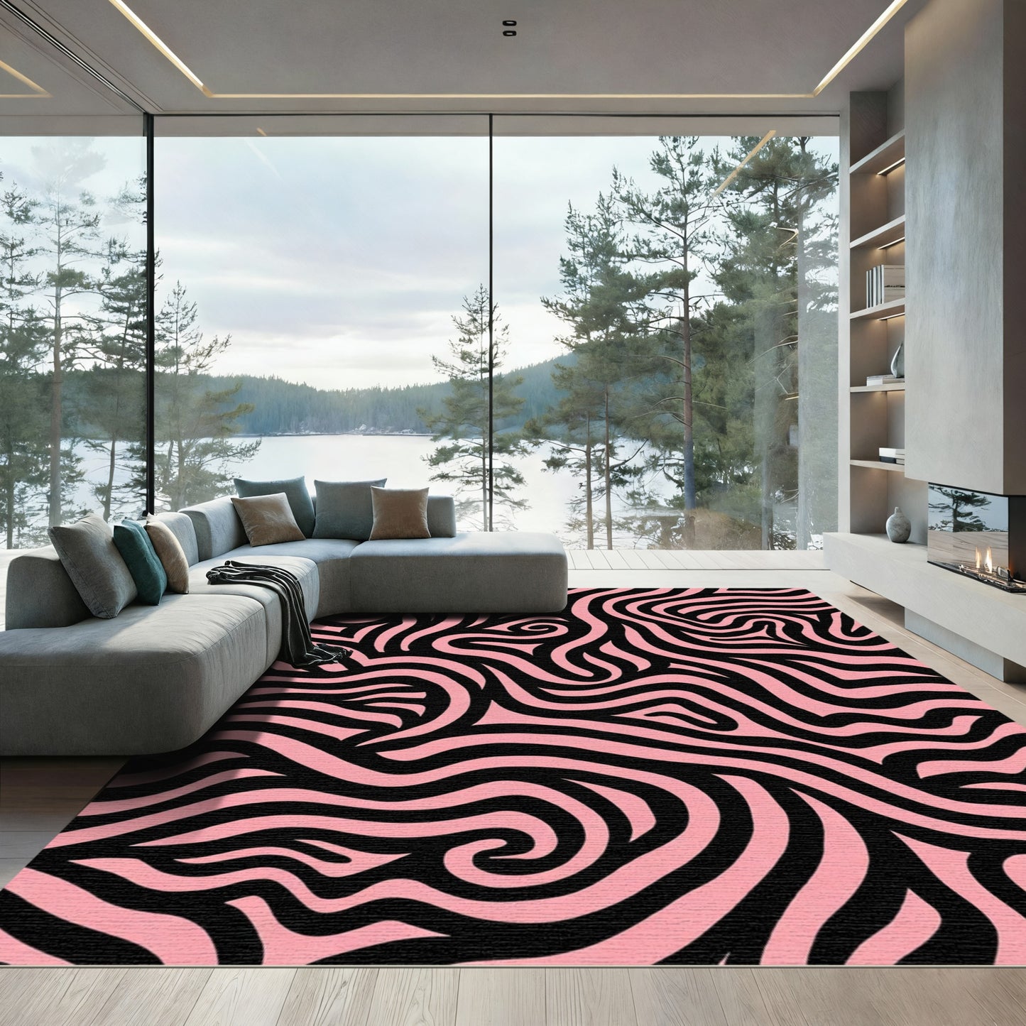 Pink Black Abstract Swirling Lines Rug