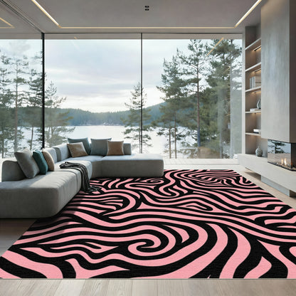 Pink Black Abstract Swirling Lines Rug