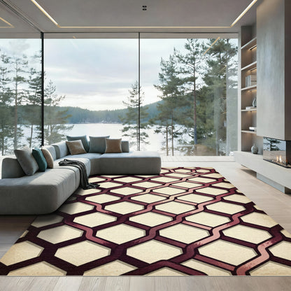 Modern Deep Burgundy Interlocking Geometric Rug
