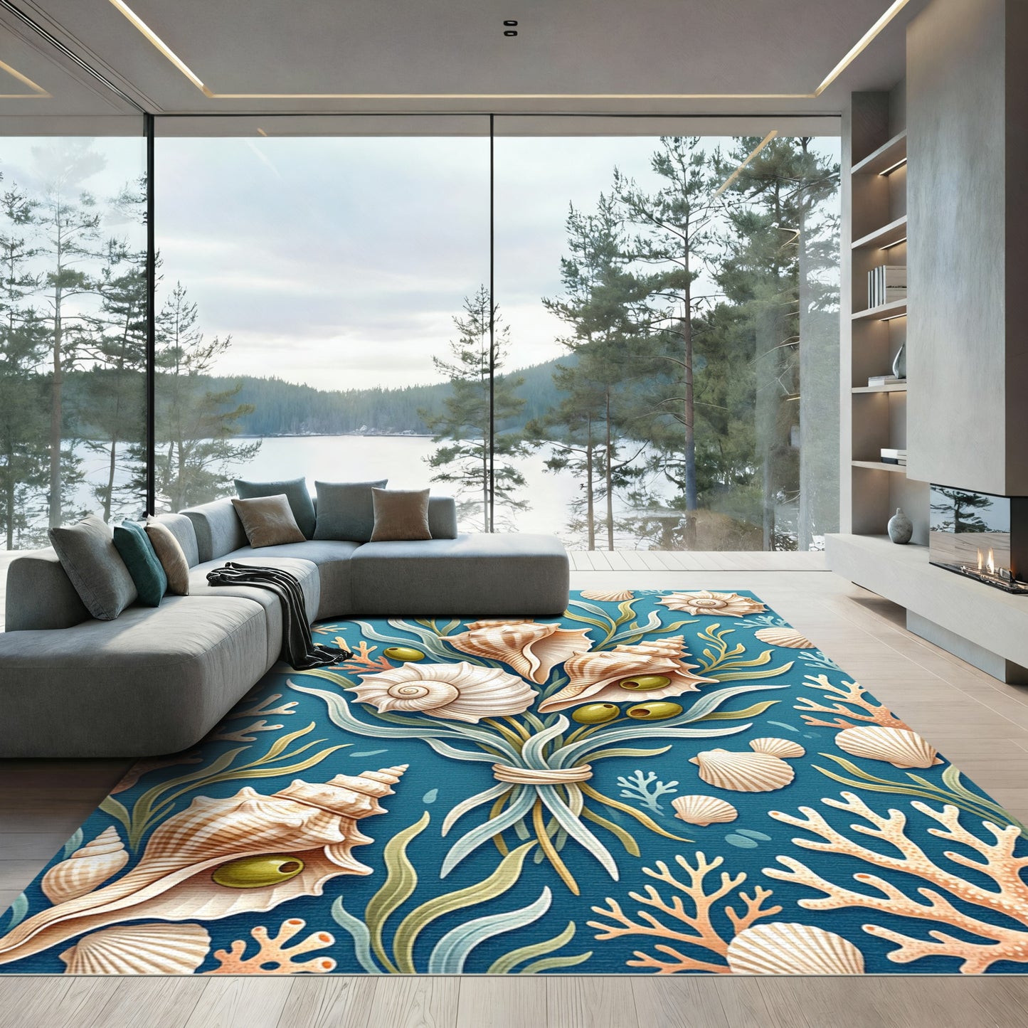 Coastal Seashell Olive Bouquet Blue Accent Rug