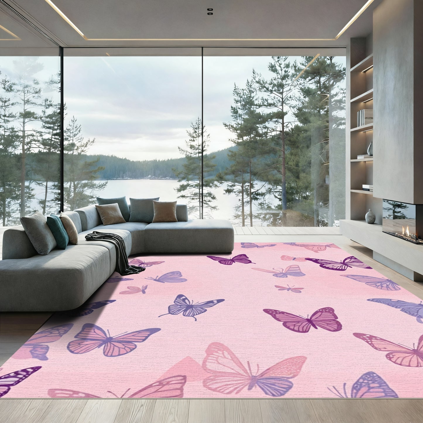 Fanciful Purple Lavender Butterfly Flock Rug