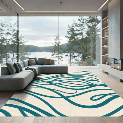 Deep Teal Organic Swirls Cream Rug