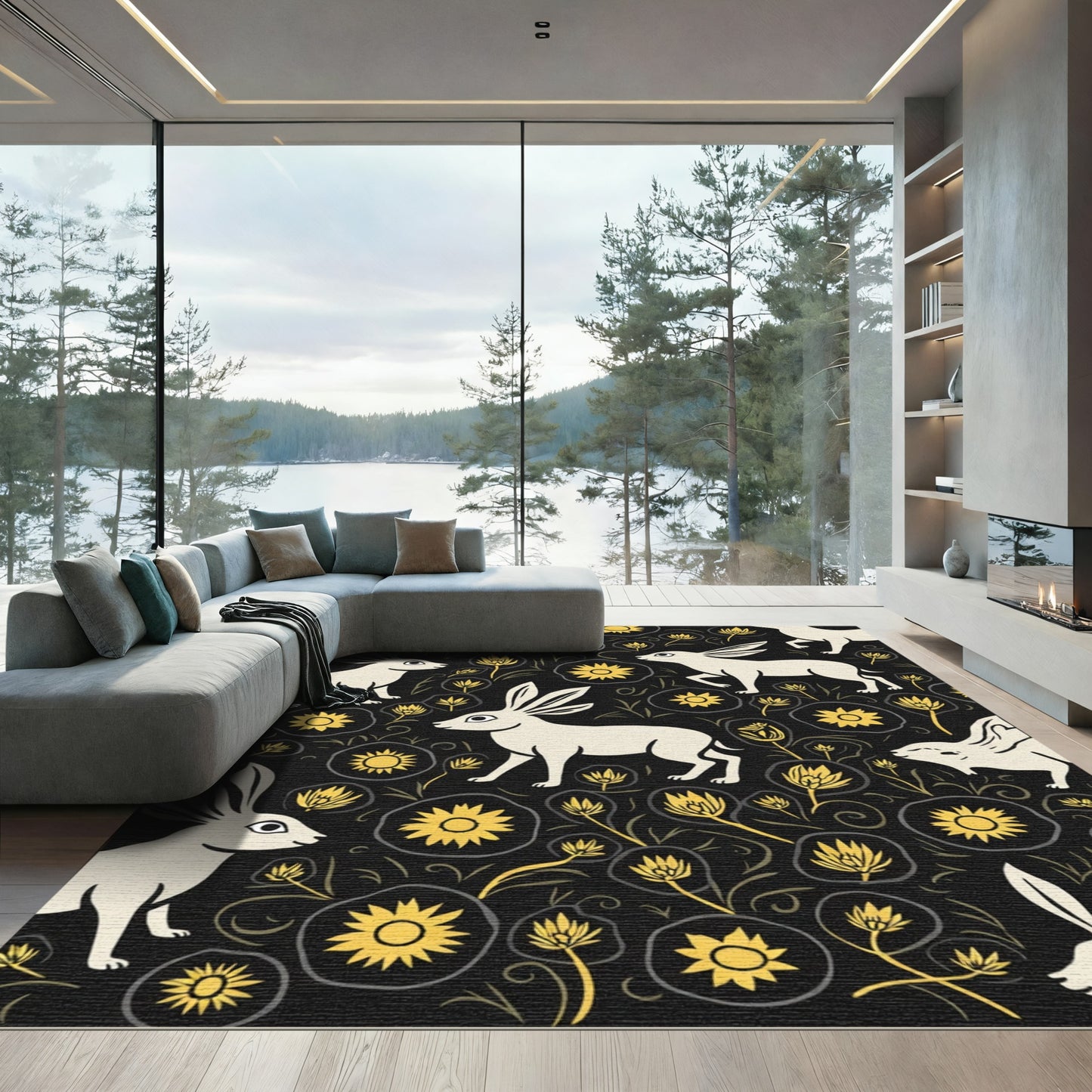 Cream Rabbits Yellow Floral Dark Rug