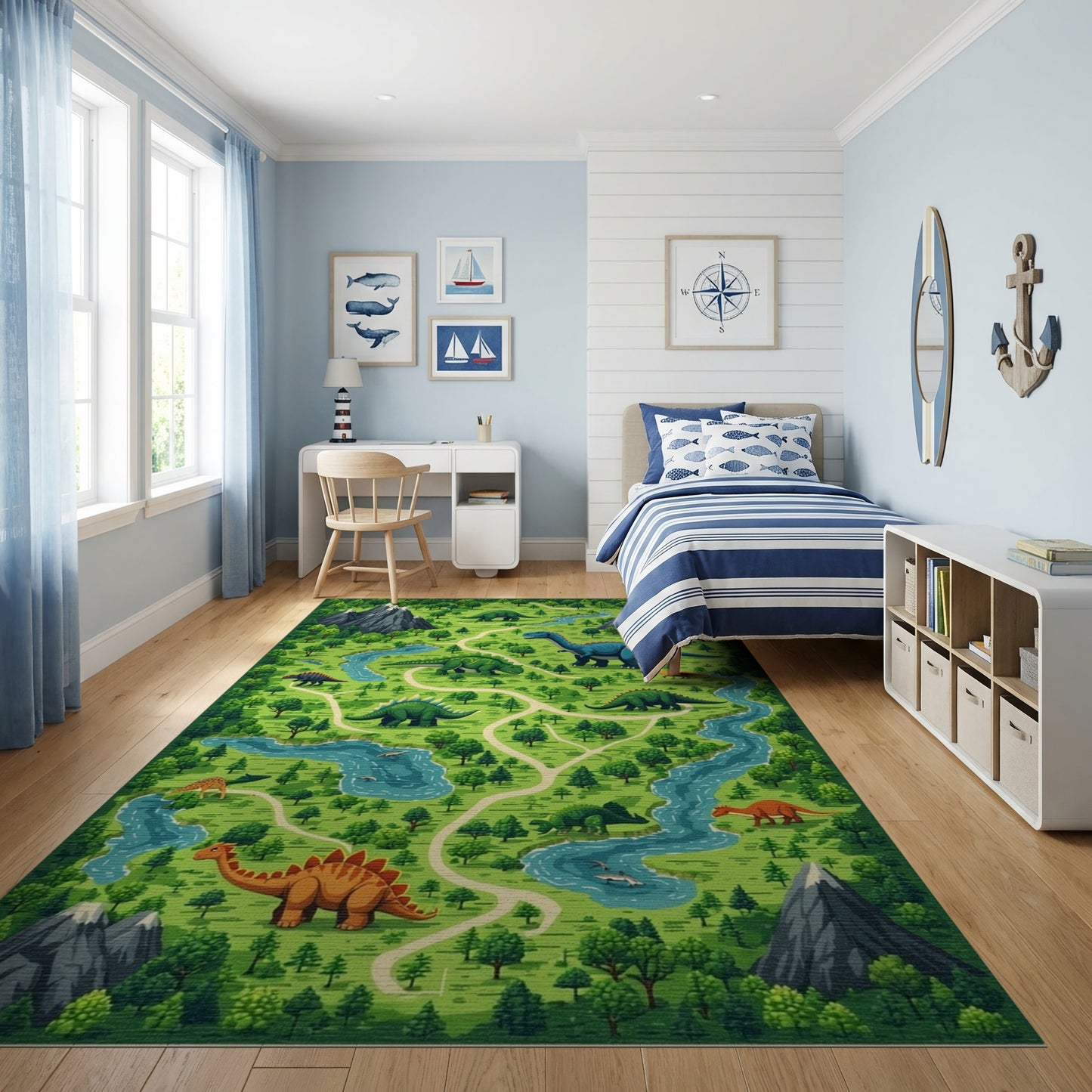 Whimsical Dinosaur Mountain Forest River Rug