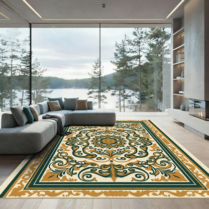 Classic Gold Deep Green Floral Medallion Rug