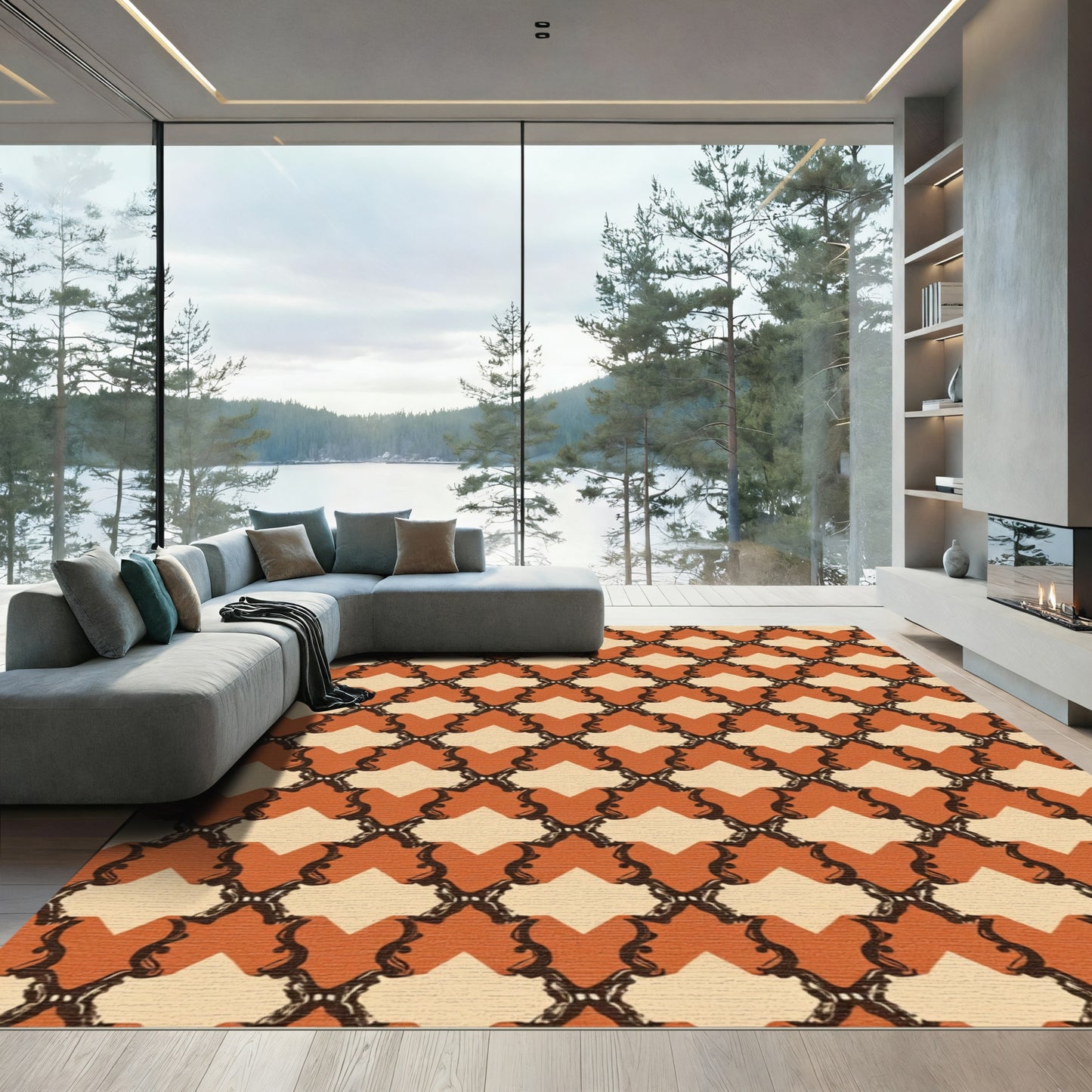 Warm Orange Scrollwork Lattice Rug