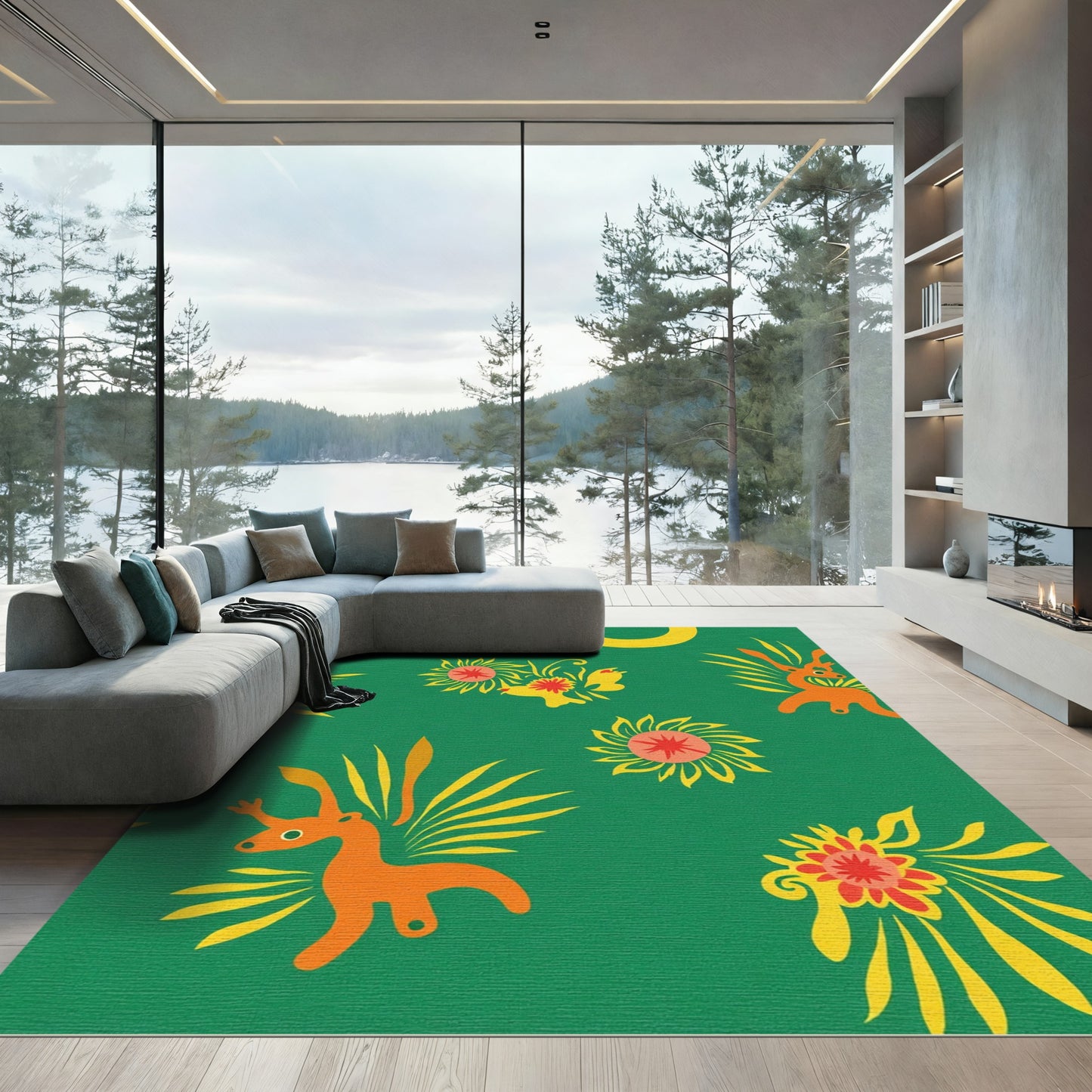 Whimsical Orange Deer Sunflowers Green Rug