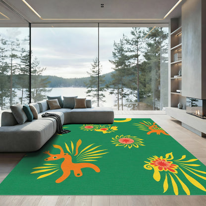 Whimsical Orange Deer Sunflowers Green Rug