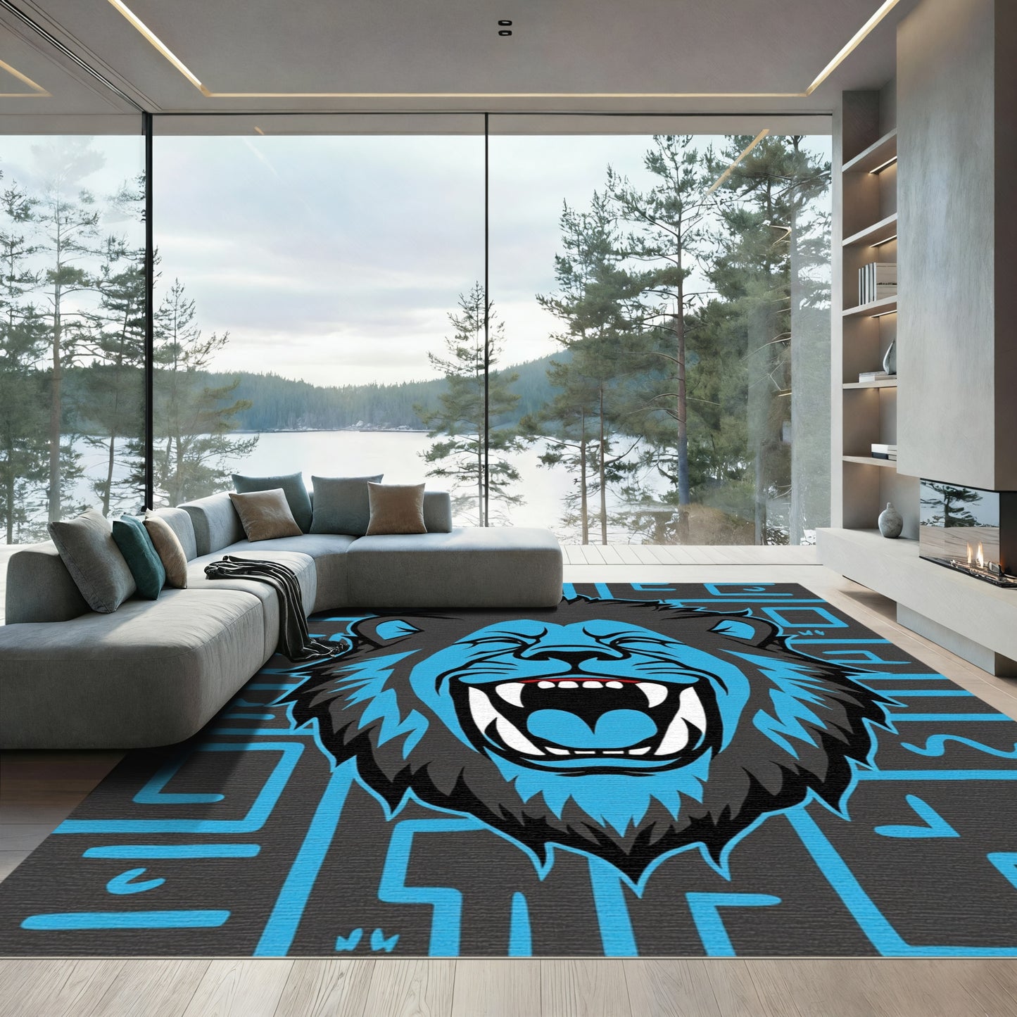 Roaring Blue Lion Abstract Maze Rug