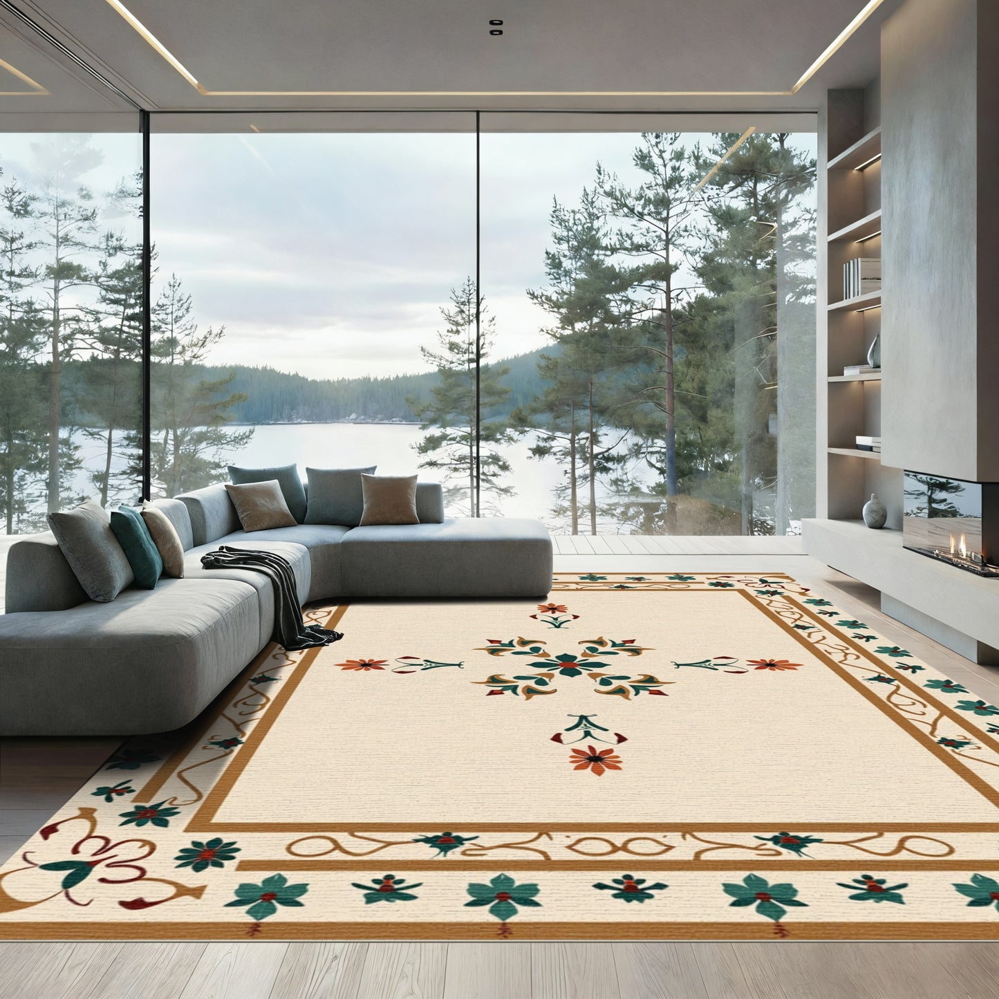 Teal Orange Floral Medallion Beige Rug
