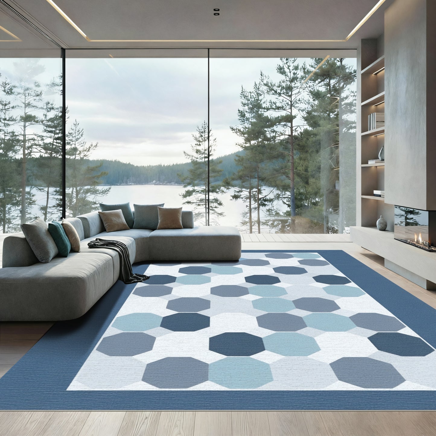 Cool Blue Octagon Grid Rug