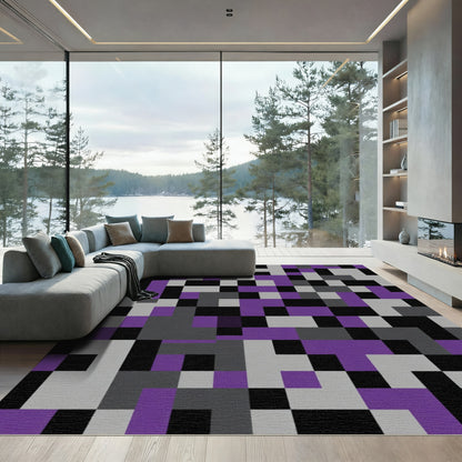 Purple Black Gray Pixelated Geometric Rug