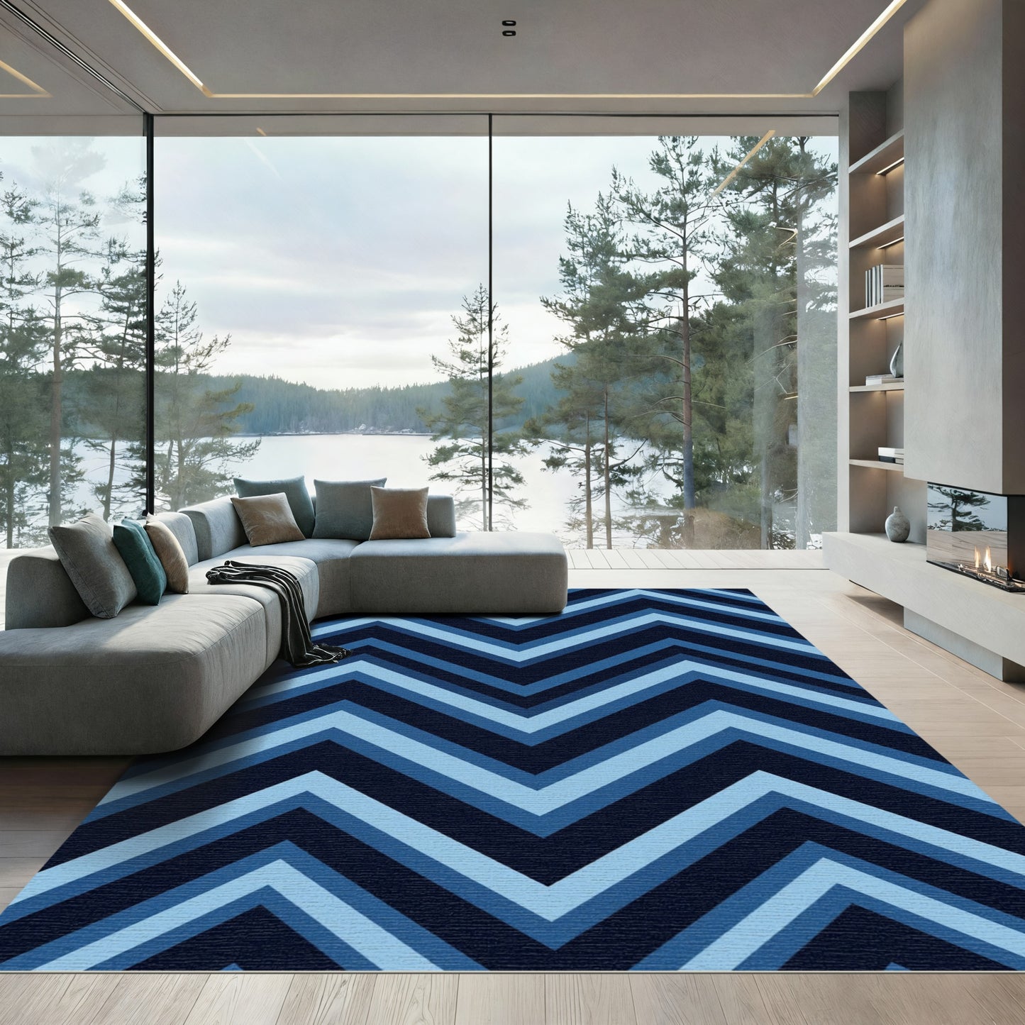 Ombre Blue Chevron Zigzag Stripes Rug