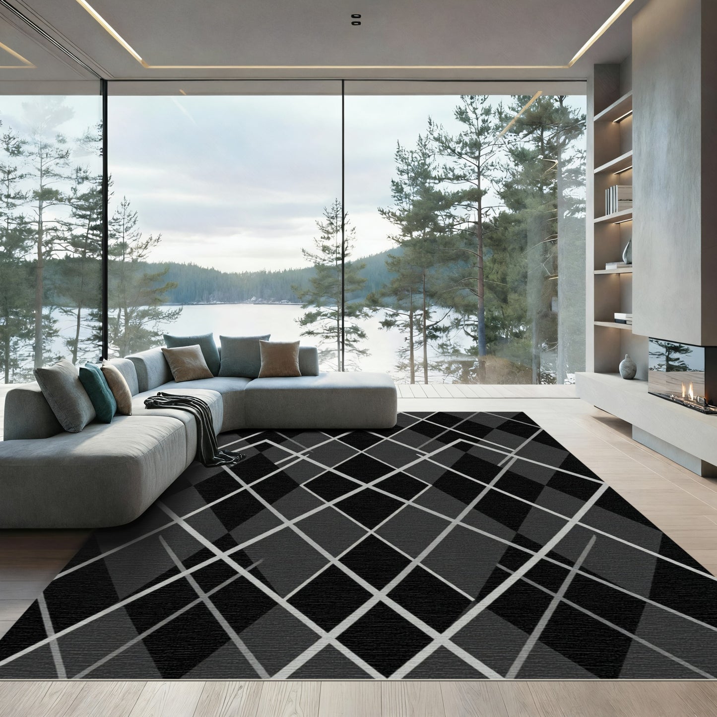 Sophisticated Charcoal Gray Argyle Geometric Line Rug
