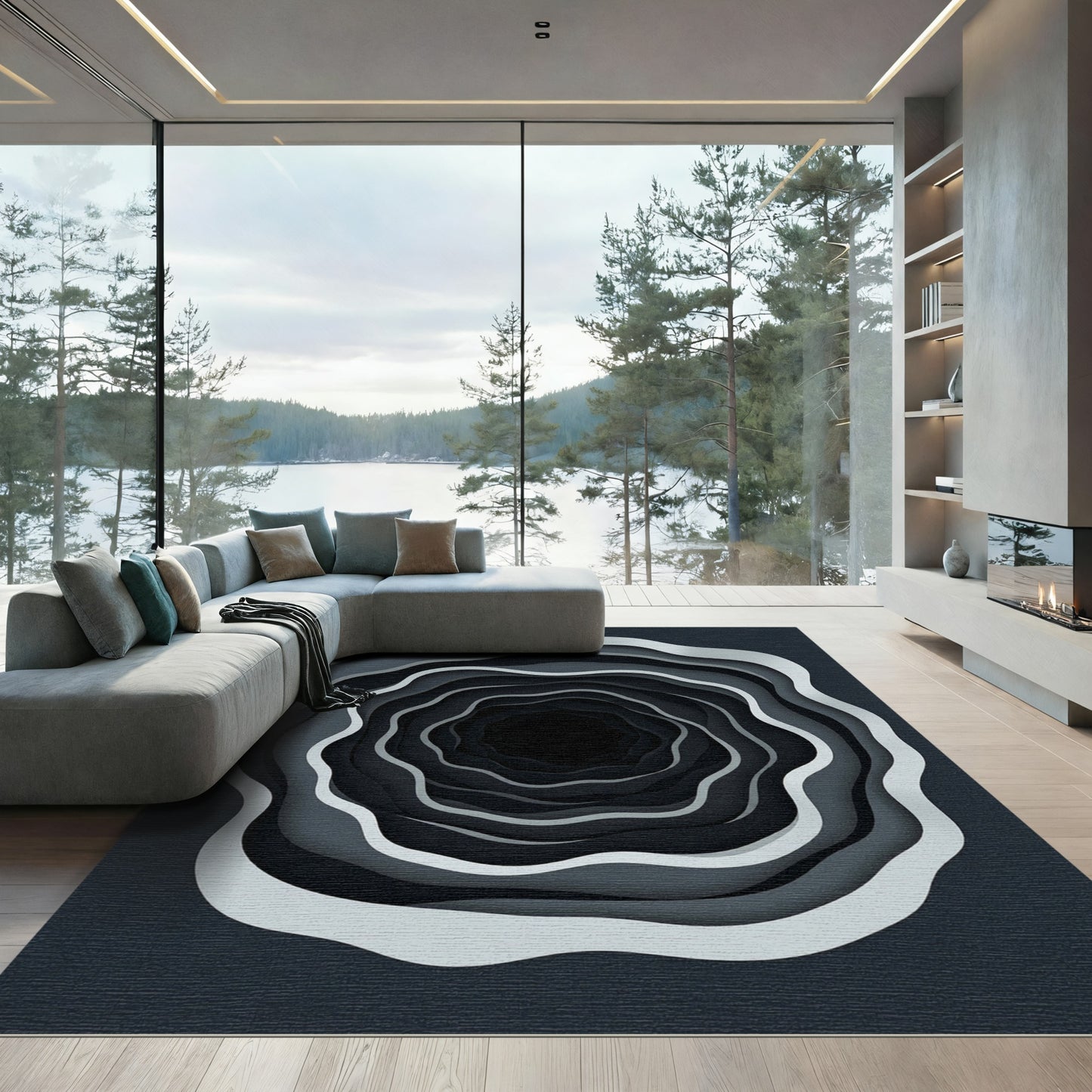 Monochrome Abstract Concentric Ripple Rug
