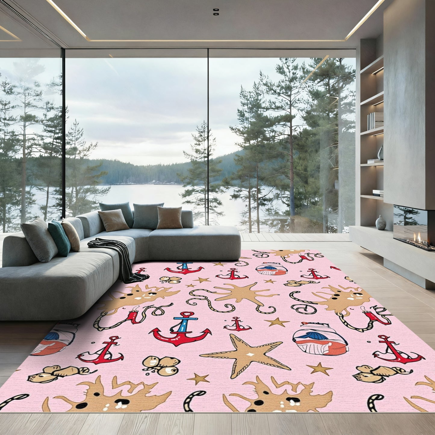 Pink Nautical Theme Anchor Starfish Rug