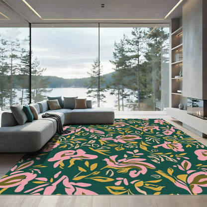 Abstract Pink Floral Fern Foliage Rug