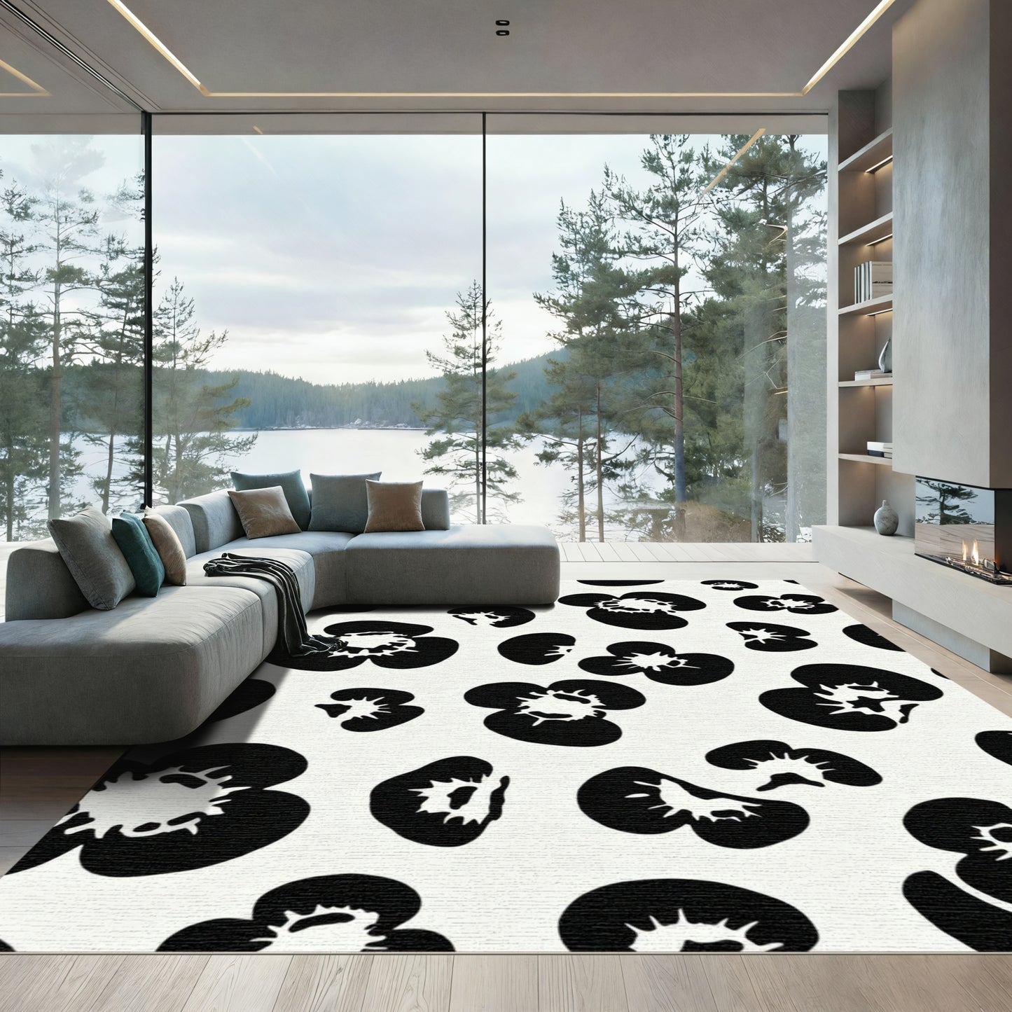 Abstract Black White Floral Scatter Rug